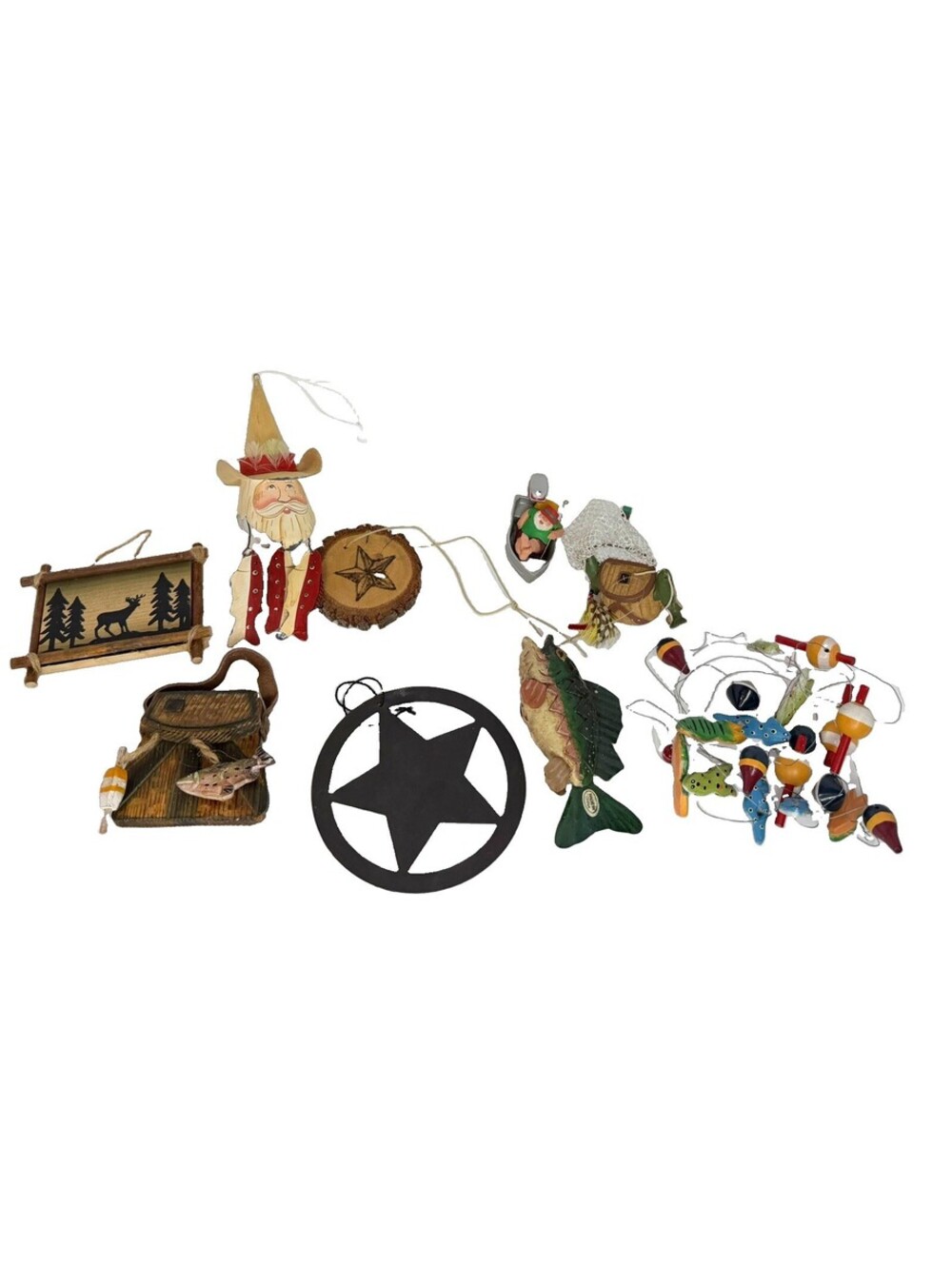Vintage Christmas Ornaments Lot Western, Fishing Rustic Tree Deco And Garland